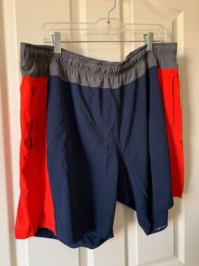 Mens Navy & Red Athletic Shorts With Elastic Waistband & Back Zipper Pocket Size